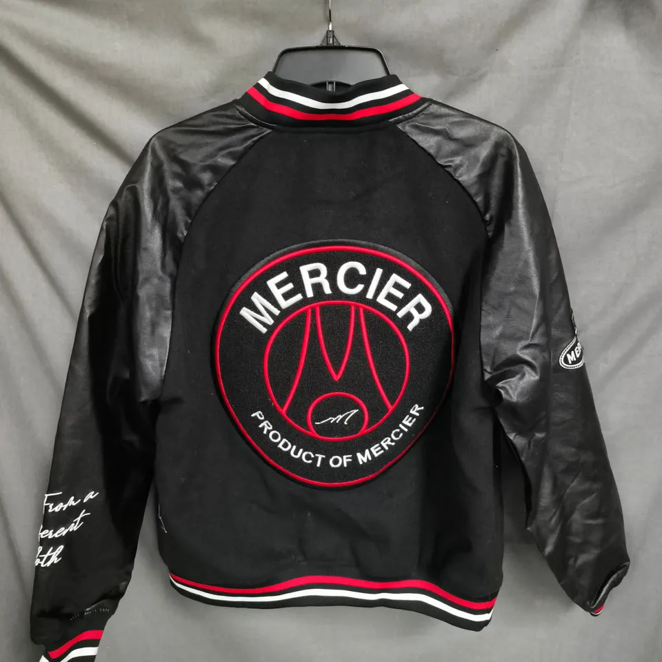 MERCIER VARSITY JACKET – BLACK WITH LEATHER SLEEVES, LARGE BACK PATCH AND RED M LOGO SIZE M