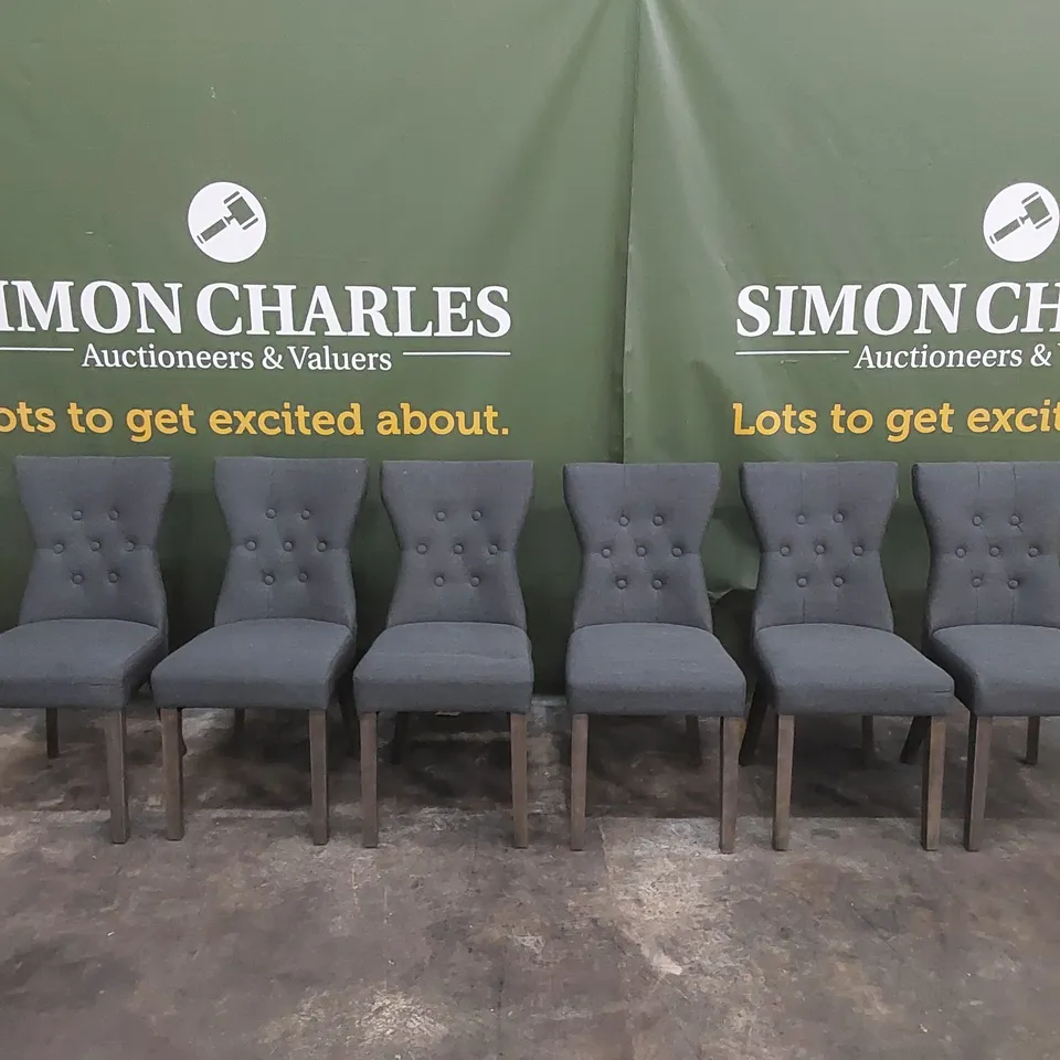 SET OF 6 BEWLEY SLATE FABRIC BUTTON BACK DINING CHAIRS 