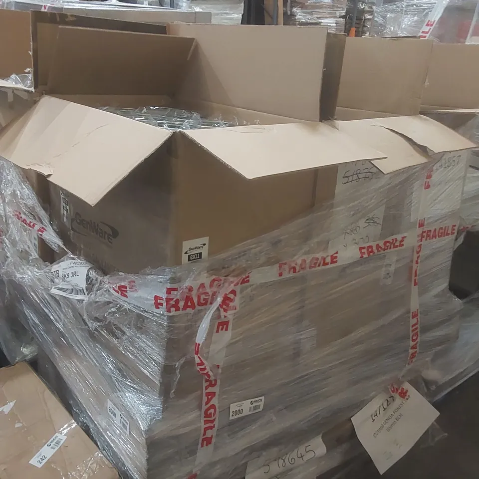 PALLET CONTAINING A VERY LARGE QUANTITY OF ASSORTED CATERING PRODUCTS INCLUDING: GENWARE GALVANISED STEEL CANS ECT