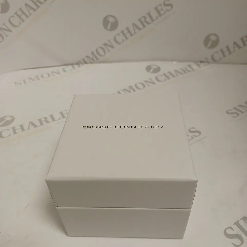 BOXED FRENCH CONNECTION LADIES BLACK DIAL WATCH - BLACK & ROSE GOLD