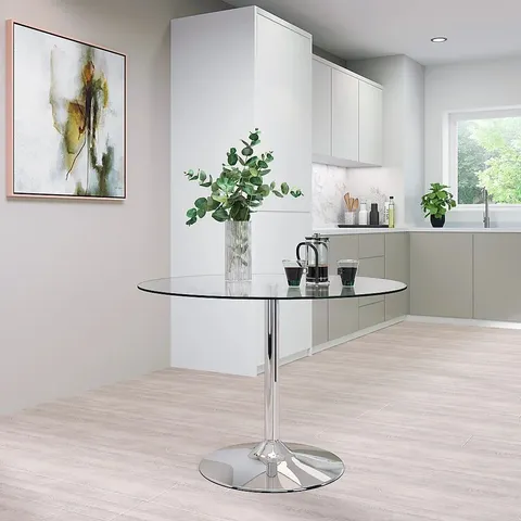 BOXED ORBIT ROUND CHROME & GLASS 110cm DINING TABLE (3 BOXES)