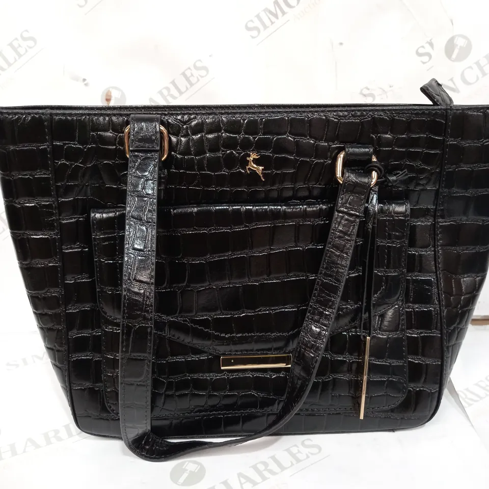 LEATHER CROCODILE PRINT SHOPPER BAG BLACK
