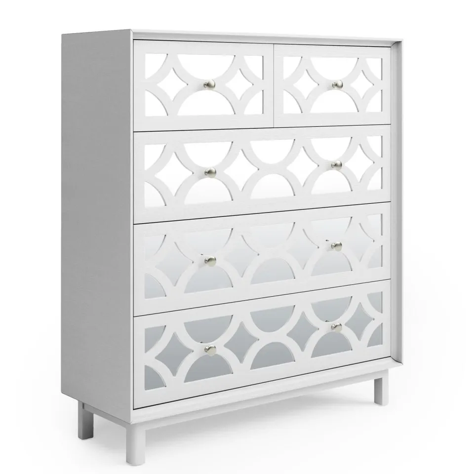 BOXED DELPHI 5 DRAWER CHEST, GREY & MIRRORED (2 BOXES)