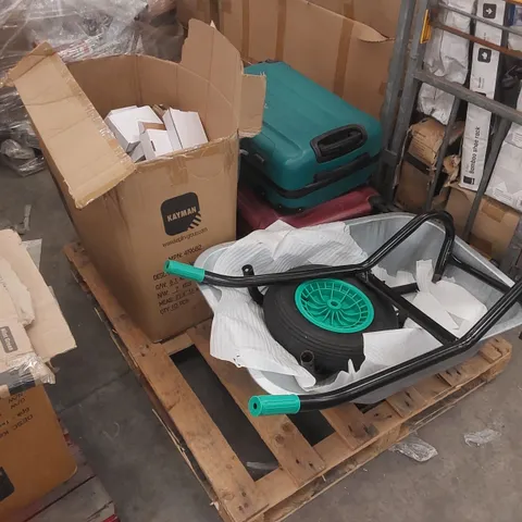 PALLET OF ASSORTED CONSUMER PRODUCTS/FURNITURE PARTS INCLUDING: WHEELBARROW, SUITCASE ECT