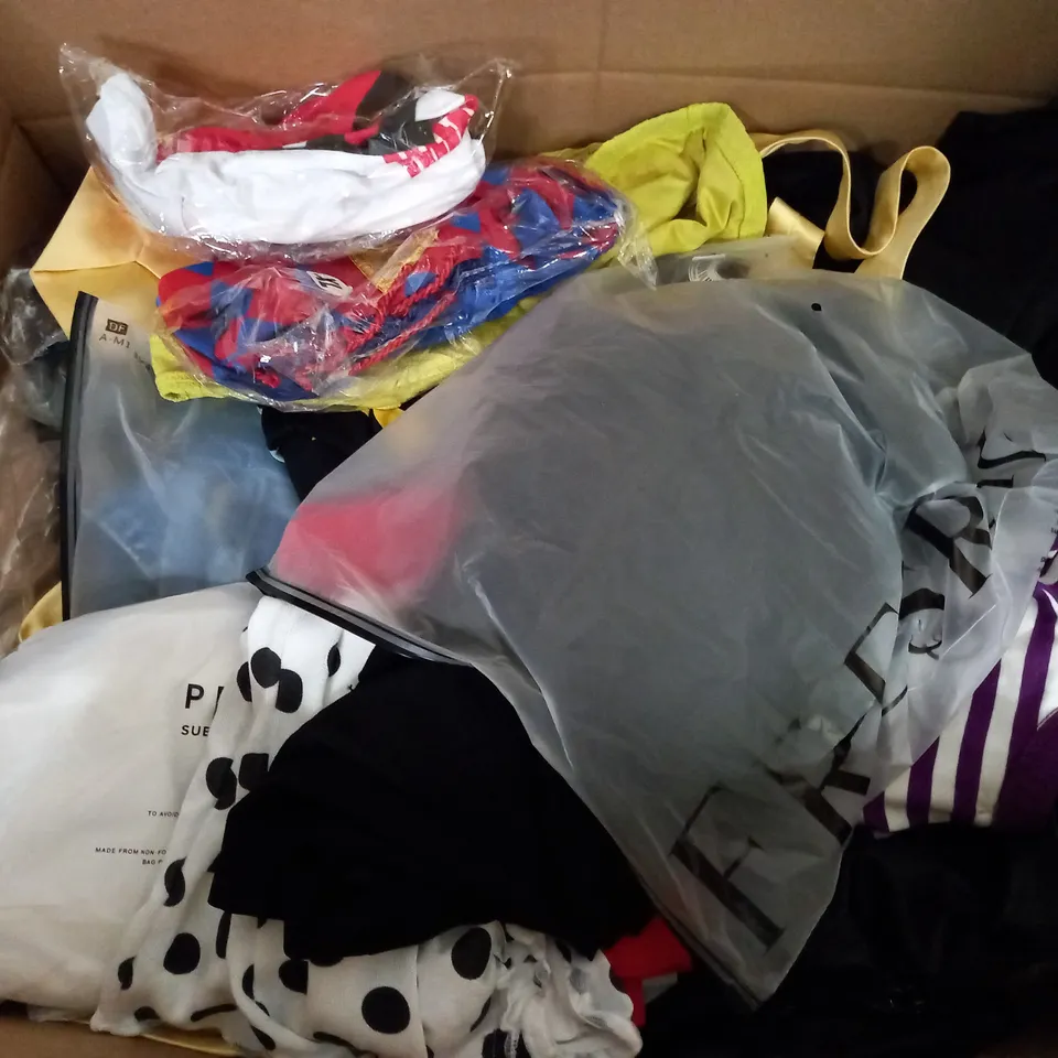 BOX OF ASSORTED CLOTHING ITEMS TOO INCLUDE JUMPERS, SHIRTS AND TROUSERS IN VARIOUS SIZES AND COLOURS   