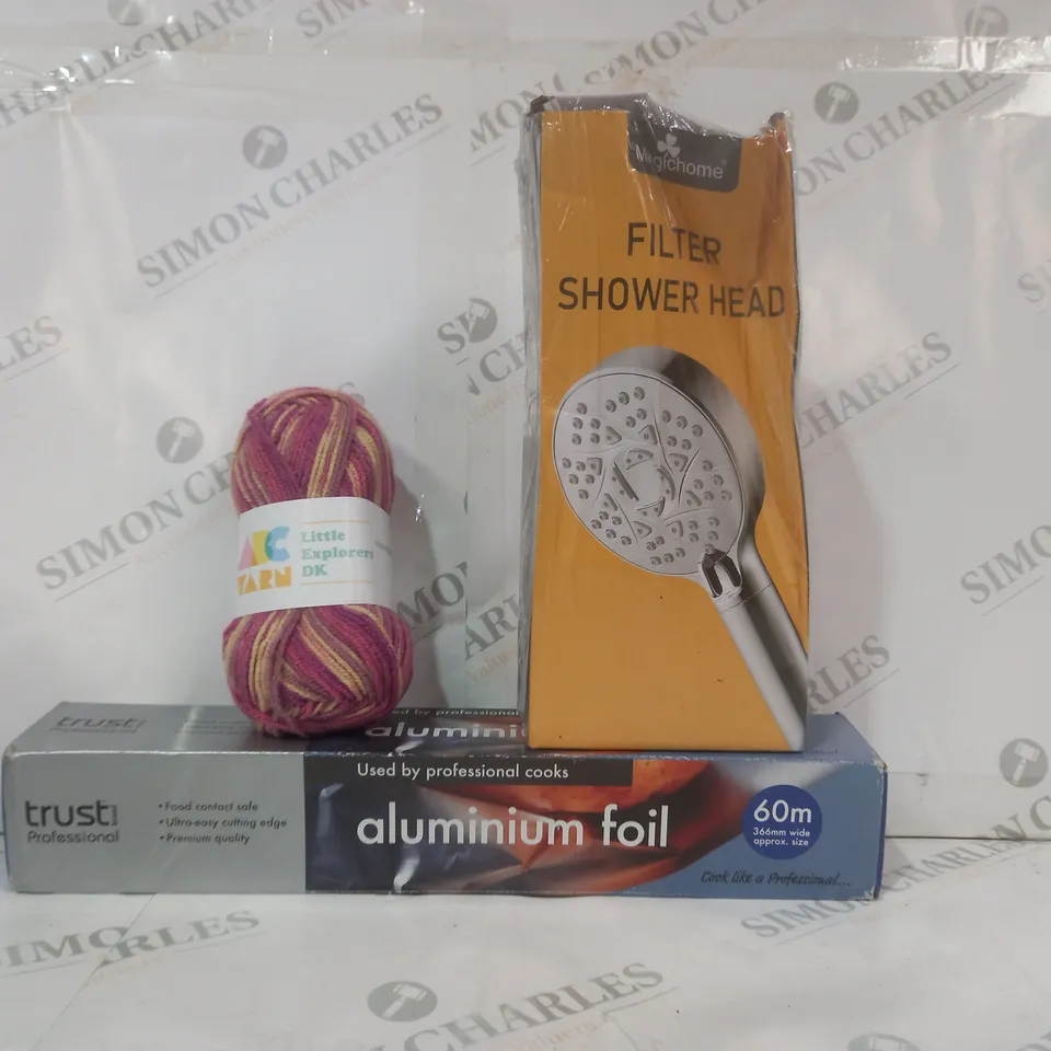 BOX OF APPROXIMATELY 10 ASSORTED HOUSEHOLD ITEMS TO INCLUDE KNITTING YARN, FILTER SHOWER HEAD, ALUMINIUM FOIL, ETC