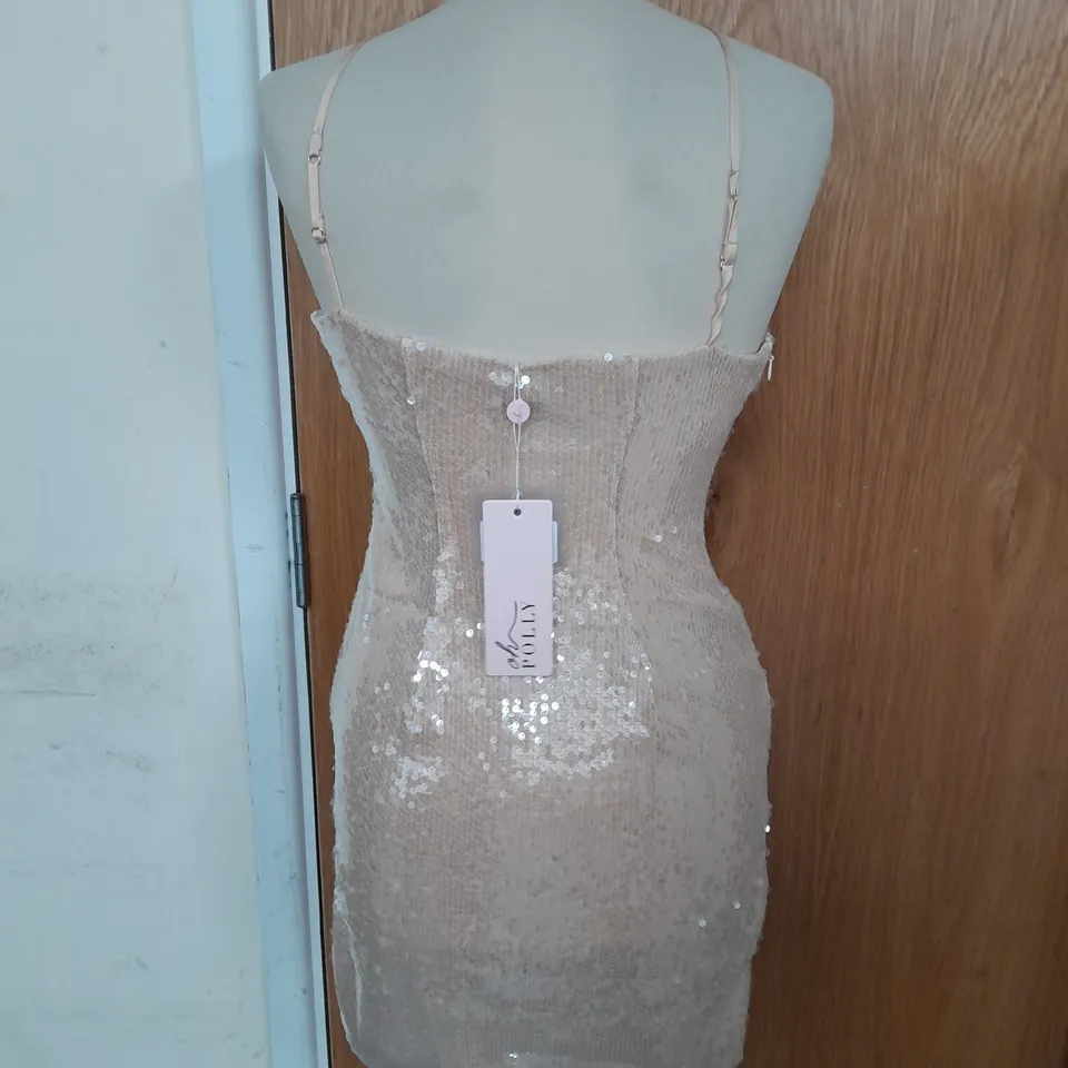 OH POLLY SEQUIN PLUNGE HALTERNECK STYLE FITTED DRESS IN TAN SIZE 10