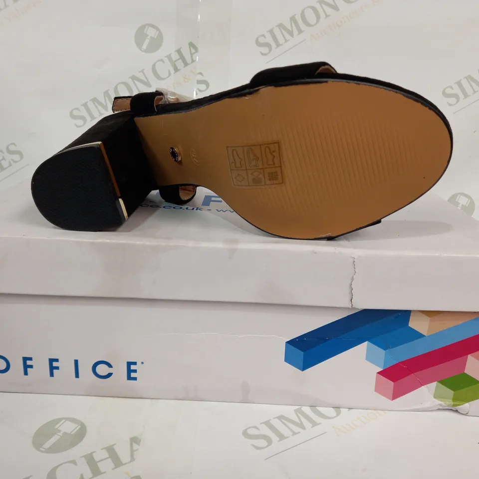BOXED PAIR OF OFFICE LONDON OPEN TOE BLOCK HIGH HEELS IN BLACK EU SIZE 37