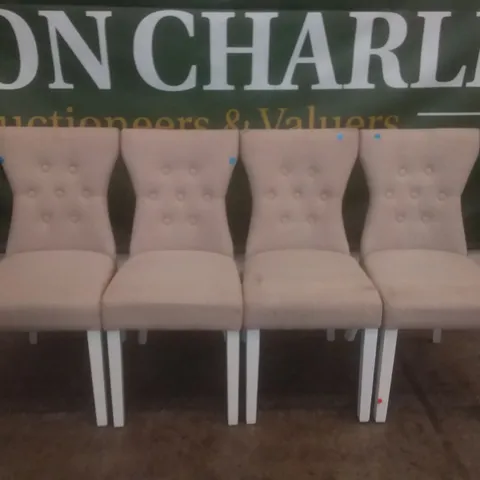 SET OF 4 BEWLEY OATMEAL FABRIC BUTTON BACK DINING CHAIRS (WHITE LEG)