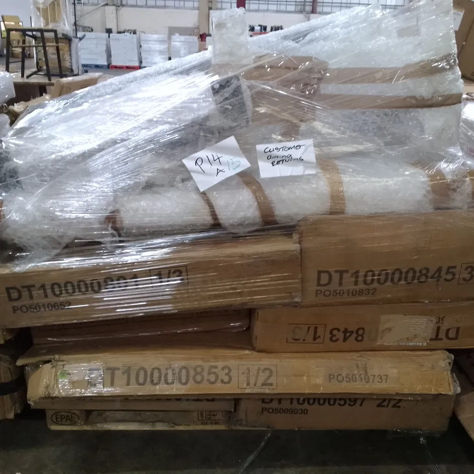 PALLET OF ASSORTED FLAT PACK DINING TABLE PARTS 