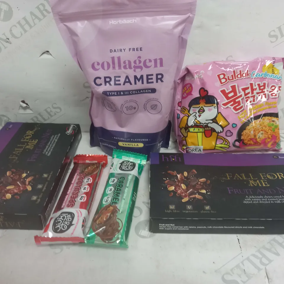 BOX OF APPROXIMATELY 10 ASSORTED ITEMS TO INCLUDE HOT NOODLES, FRUIT AND NUT, YUBI BARS ETC