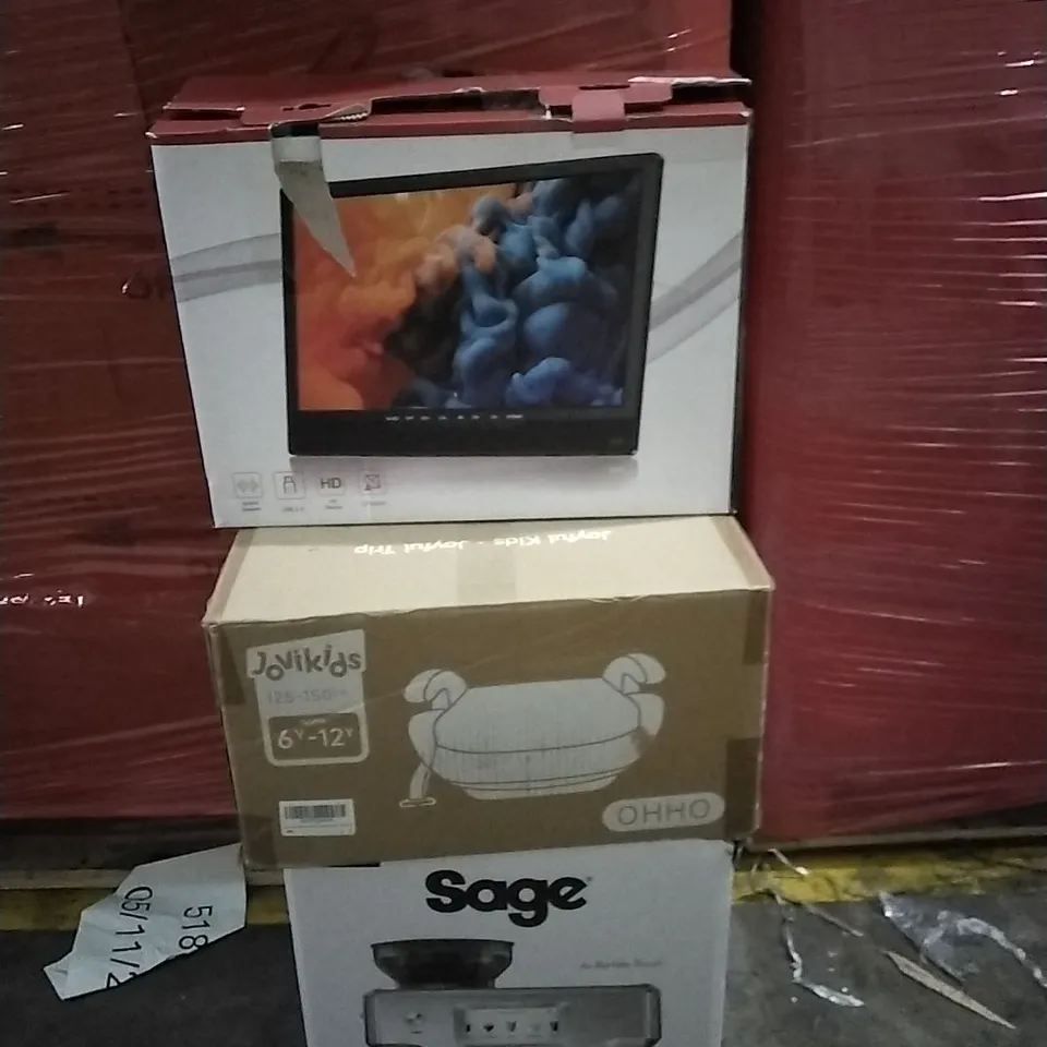PALLET OF ASSORTED PRODUCTS AND HOUSEHOLD GOODS TO INCLUDE;SAGE COFFEE MACHINE,PORTABLE TV,BOOSTER SEAT