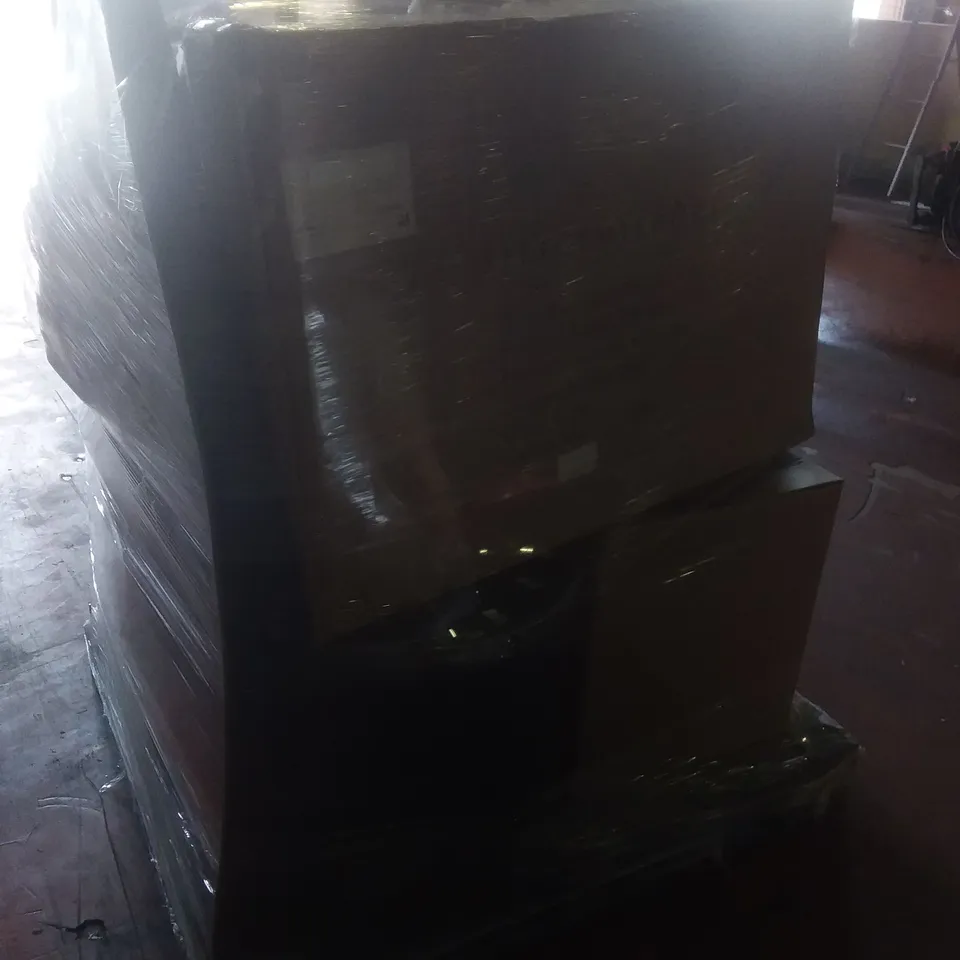 PALLET OF ASSORTED ELECTRICAL ITEMS INCLUDING CORDLESS LAWN MOWER, RHONE WHITE MIRROR, ARLEC FLASHLIGHT, BOX OF EARPHONES