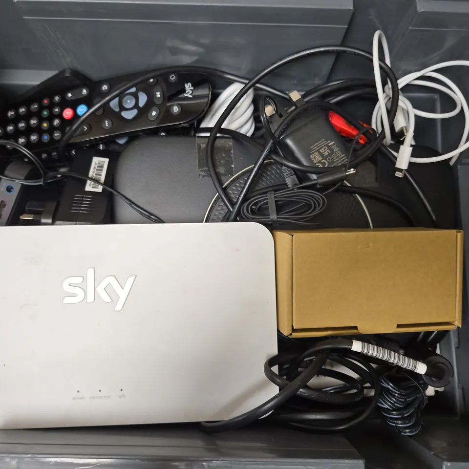 APPROXIMATELY 12 ASSORTED HOUSEHOLD ITEMS TO INCLUDE SKY BOX, TV REMOTES, CABLES, ETC