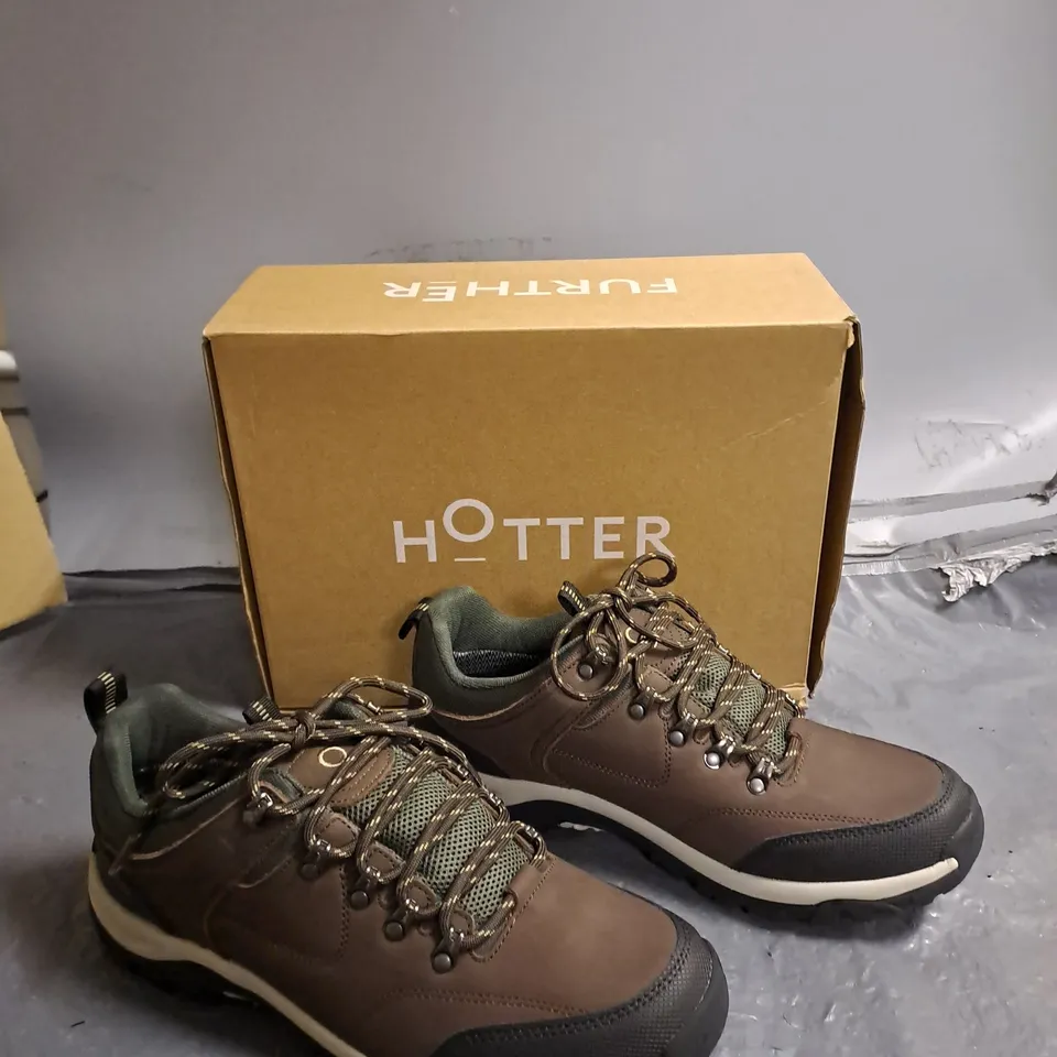 BOXED PAIR OF HOTTER MISSION WP TRAINERS - BROWN UK 10 