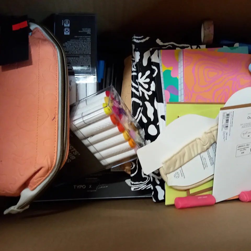 MEDIUM BOX OF ASSORTED NOTE BOOKS , SHARPIES AND PENCIL CASES