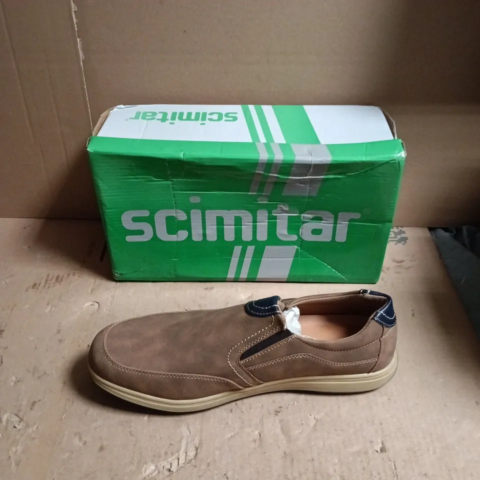 SCIMITAR MEN'S BROWN SLIP-ON SHOES – LEATHER/SUEDE, BOXED - SIZE UK 13 