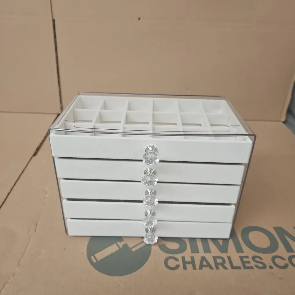 WHITE JEWELLERY DISPLAY BOX WITH CLEAR PLASTIC SUROUND (5 DRAWERS)