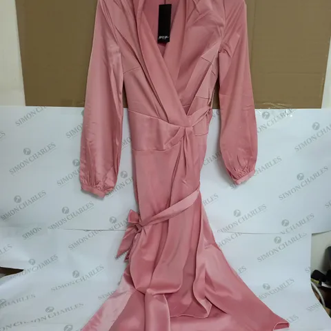 NASTY GIRL SATIN LONG SLEEVE MAXI WRAP DRESS IN ROSE - SIZE 6