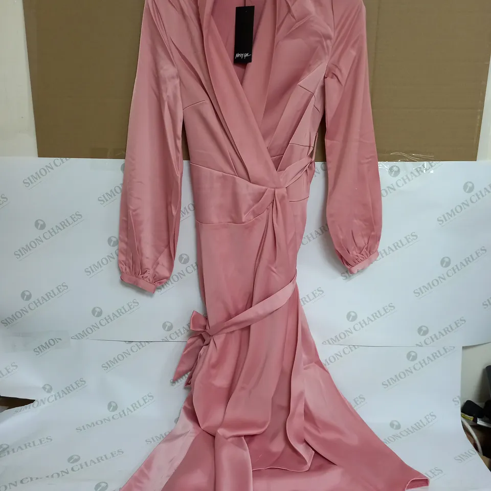NASTY GIRL SATIN LONG SLEEVE MAXI WRAP DRESS IN ROSE - SIZE 6