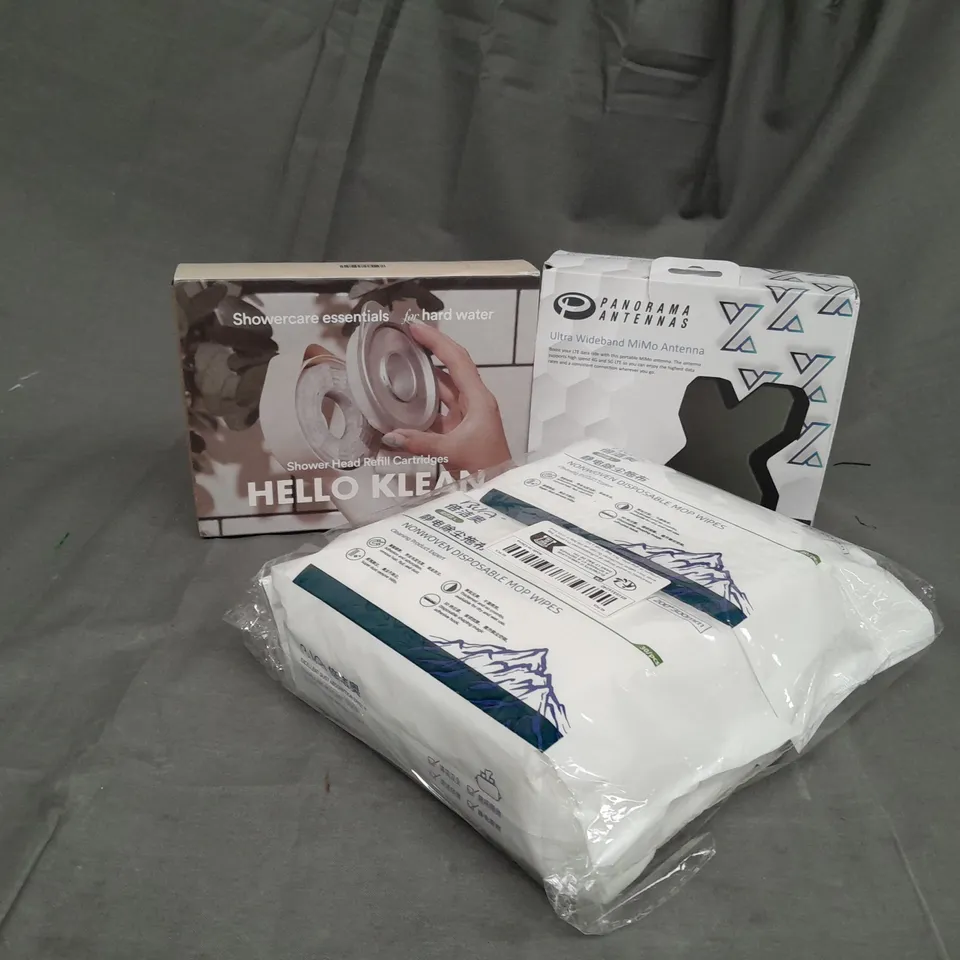 APPROXIMATELY 10 ASSORTED PRODUCTS TO INCLUDE ULTRA WIDEBAND MIMO ANTENNA, SHOWER HEAD REFILL CARTRIDGES, DISPOSABLE MOP WIPES 