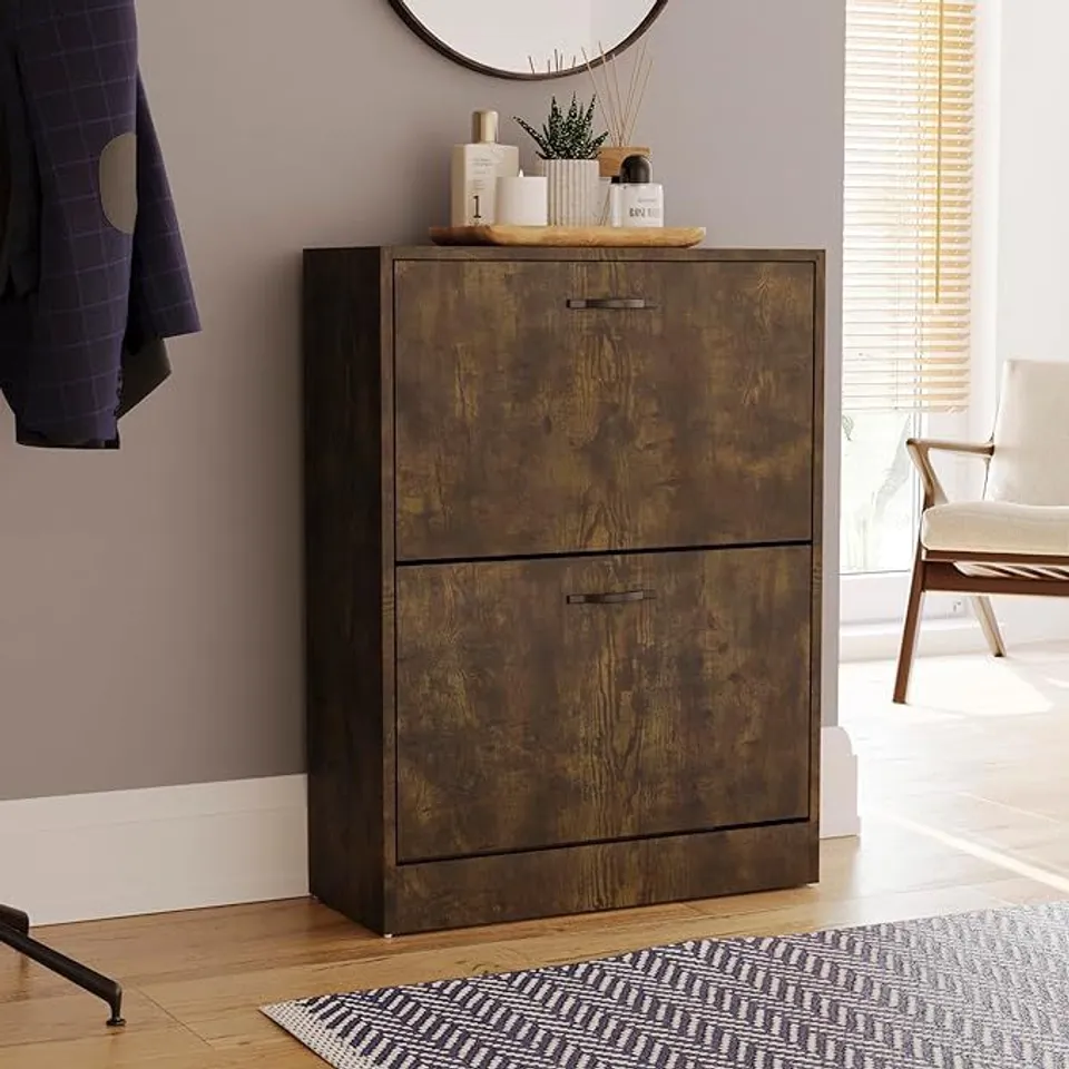 BOXED 12 PAIR SHOE STORAGE CABINET - DARK WOOD (1 BOX)