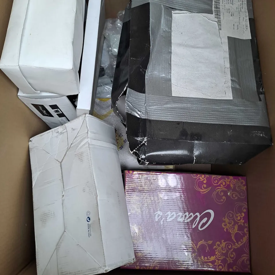 BOX OF APPROX 12 PAIRS OF ASSORTED SHOES IN VARIOUS COLOURS, STYLES AND SIZES