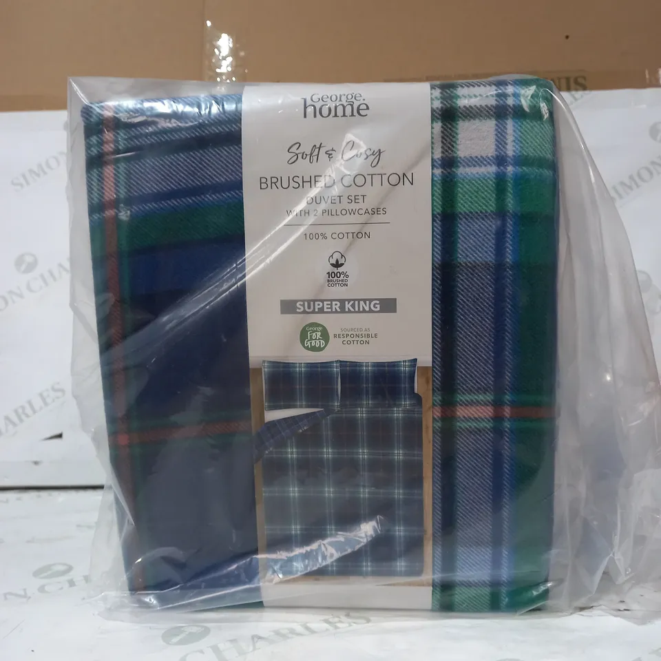 BRAND NEW SOFT & COSY BRUSHED COTTON DUVET SET IN BLUE/GREEN TARTAN - SUPER KING