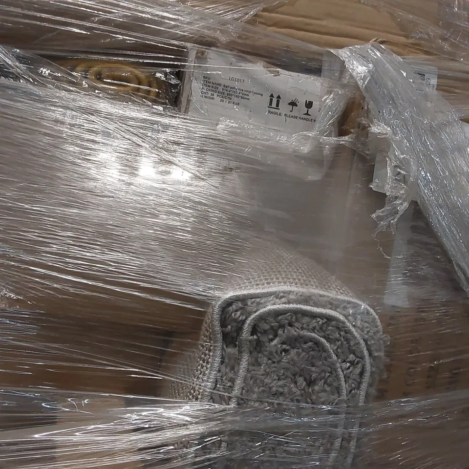 PALLET CONTAINING A LARGE QUANTITY OF ASSORTED FURNITURE ITEMS INCLUDING: RUGS, SHOE RACK, VINYL FLOORING ECT