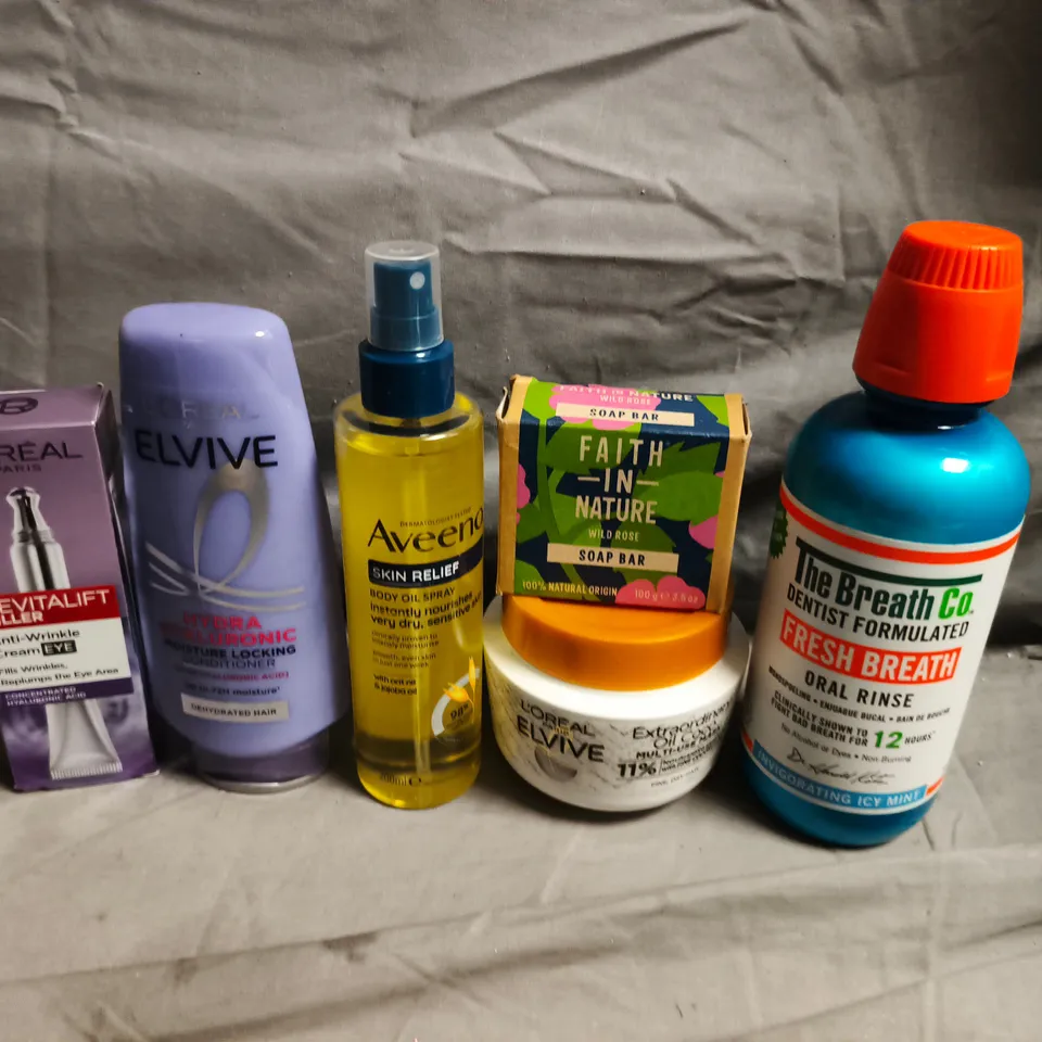 APPROXIMATELY 20 HEALTH AND BEAUTY PRODUCTS TO INCLUDE AVEENO BODY OIL SPRAY, THE BREATH CO ORAL RINSE AND FAITH IN NATURE SOAP BAR
