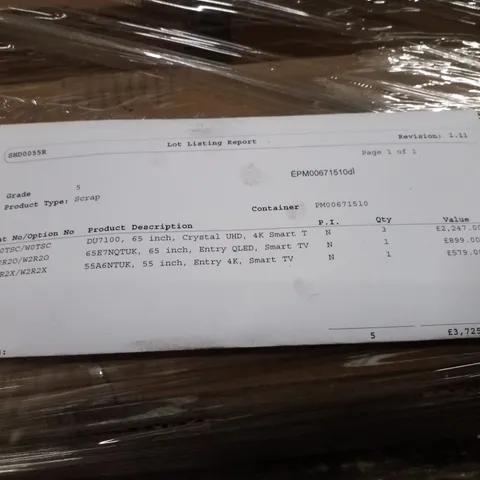 PALLET OF FIVE ASSORTED WAREHOUSE DAMAGED TV'S TO INCLUDE;
