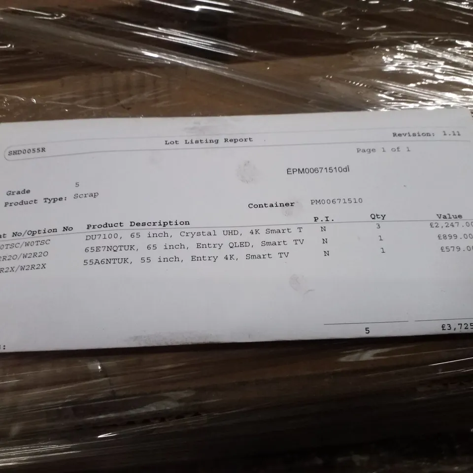 PALLET OF FIVE ASSORTED WAREHOUSE DAMAGED TV'S TO INCLUDE;