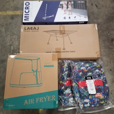 PALLET CONTAINING ASSORTED PRODUCTS INCLUDING MICRO SPRITE LED SCOOTER, LACAL FOLDING CAMPING TABLE, AIR FRYERS & KIDS BACKPACKS