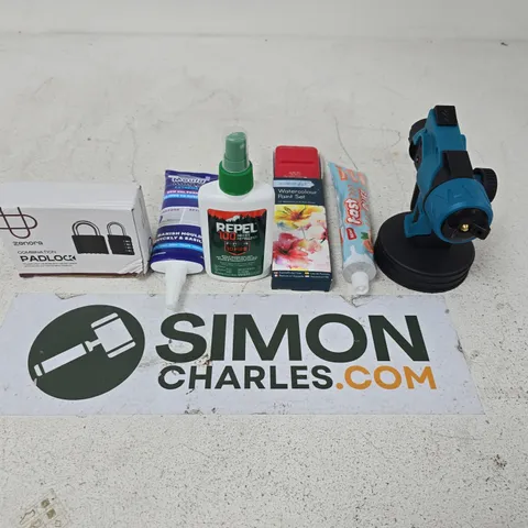 APPROXIMATELY 15 ASSORTED HOUSEHOLD PRODUCTS TO INCLUDE COMBINATION PADLOCK, FAST OUT STAIN REMOVER AND A WATER COLOUR PAINT SET