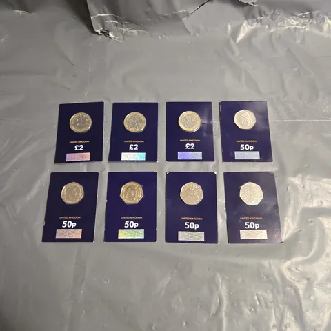 LOT OF 8 ASSORTED DECORATIVE COINS TO INCLUDE - THE GRUFFALO 50P - AGATHA CHRISTIE £2 - ALAN TURING 50P - ETC