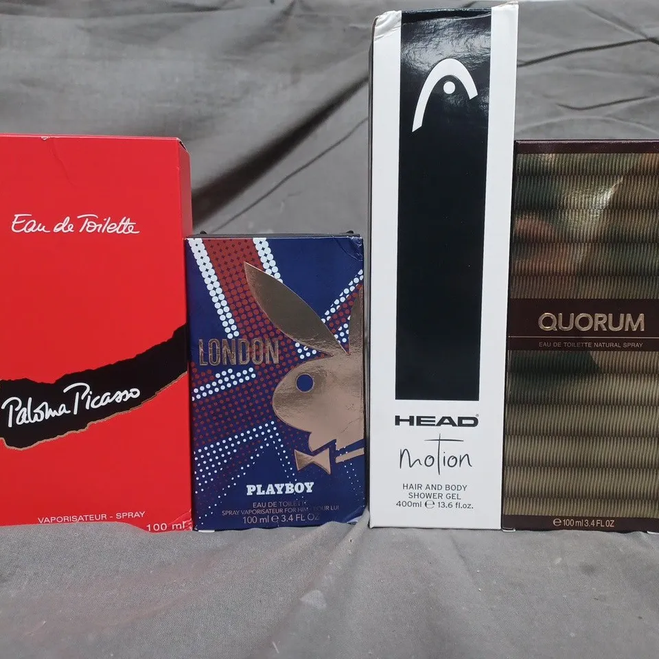 BOX OF APPROXIMATELY 20 ASSORTED HEALTH & BEAUTY ITEMS TO INCLUDE - QUORUM EAU DE TOILETTE , HEAD MOTION , PLAYBOY LONDON ETC