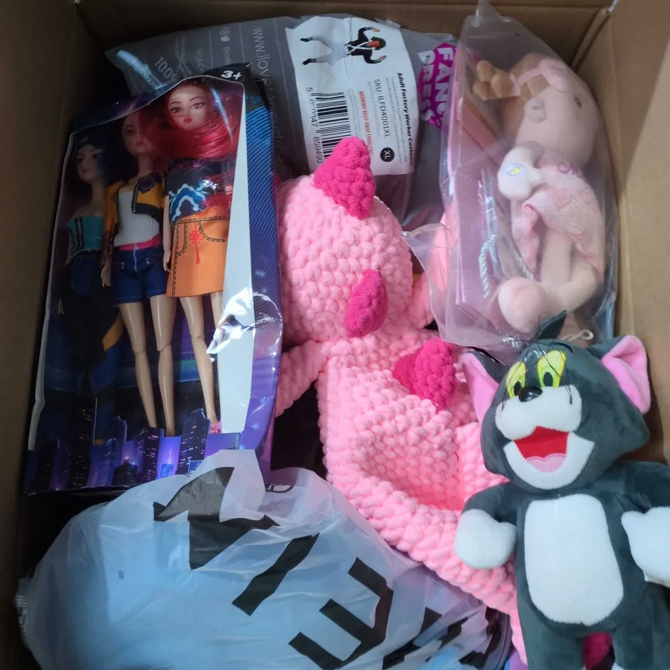 LARGE BOX OF APPROXIMATELY 20 ASSORTED TOYS AND GAMES TO INCLUDE DOLLS, TEDDIES AND STITCH