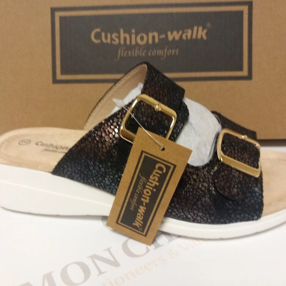 BOXED PAIR OF CUSHION WALK DOUBLE BUCKLE MULES IN BLACK - SIZE 3