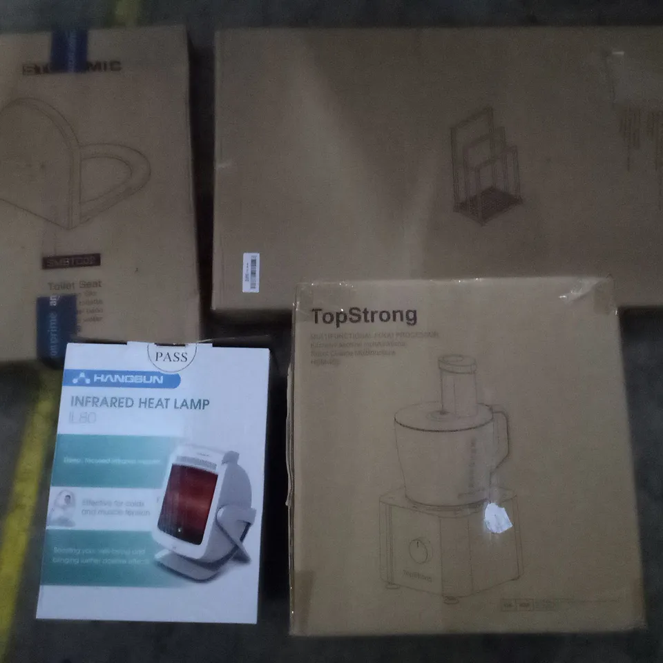 PALLET OF ASSORTED ITEMS INCLUDING STOREMIC TOILET SEAT, INFRARED HEAT LAMP, MULTIFUNCTIONAL FOOD PROCESSOR, TOWEL RACK