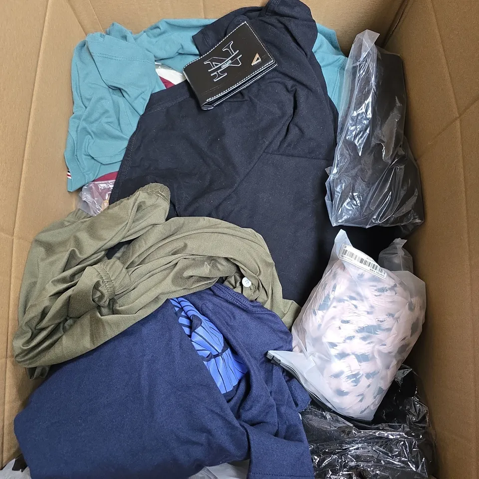 BOX OF APPROXIMATELY 20 ASSORTED CLOTHING ITEMS TO INCLUDE SWIMSUIT, FLANNEL SHIRT, HATS, ETC