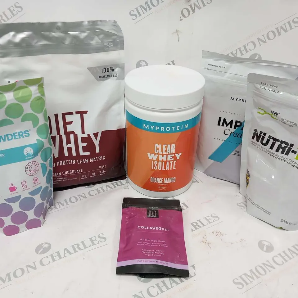 APPROXIMATELY 10 ASSORTED WHEY BASED AND FOOD SUPPLEMENT PRODUCTS TO INCLUDE; MYPROTEIN, NUTRITEEN, COLLAVEGAN AND WILLPOWDERS