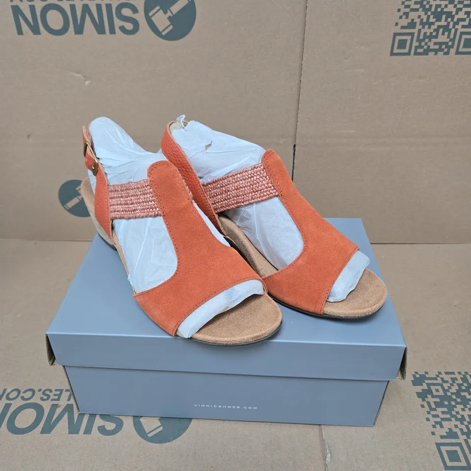 VIONIC WOMEN'S ORANGE SUEDE SANDALS WITH CORK WEDGE – BOXED UK 6.5