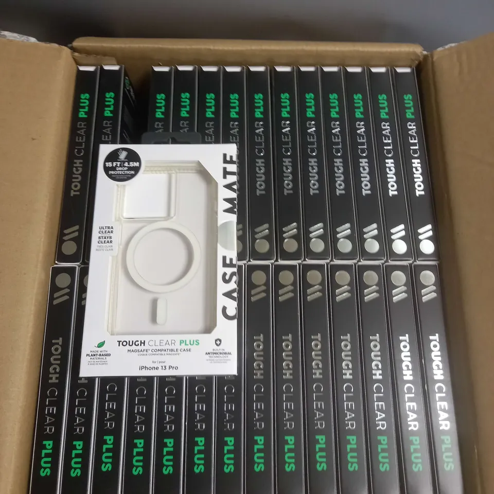 BOX OF APPROXIMATELY 56 CASEMATE TOUGH CLEAR PLUS IPHONE 13 PRO PHONE CASES WITH MAGSAFE 