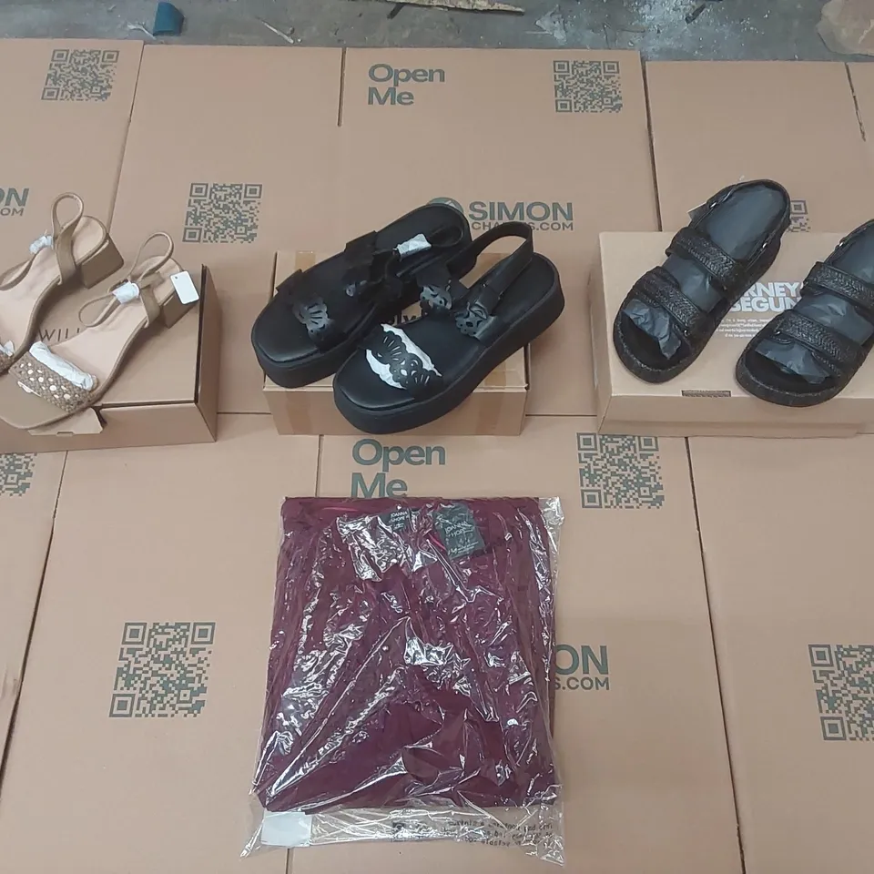 PALLET CONTAINING APPROXIMATELY 180x ASSORTED BRAND NEW DESIGNER SHOES AND CLOTHING ITEMS INCLUDING: JD WILLIAMS SHOES, SIMPLY BE SANDALS, JOANA HOPE JERSY DRESSES ECT