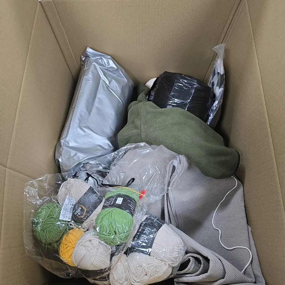 BOX OF APPROXIMATELY 15 ASSORTED HOUSEHOLD ITEMS TO INCLUDE PLASTIC STORAGE POTS WITH LIDS, KNITTING YARN AND A DECORATIVE PINK REINDEER