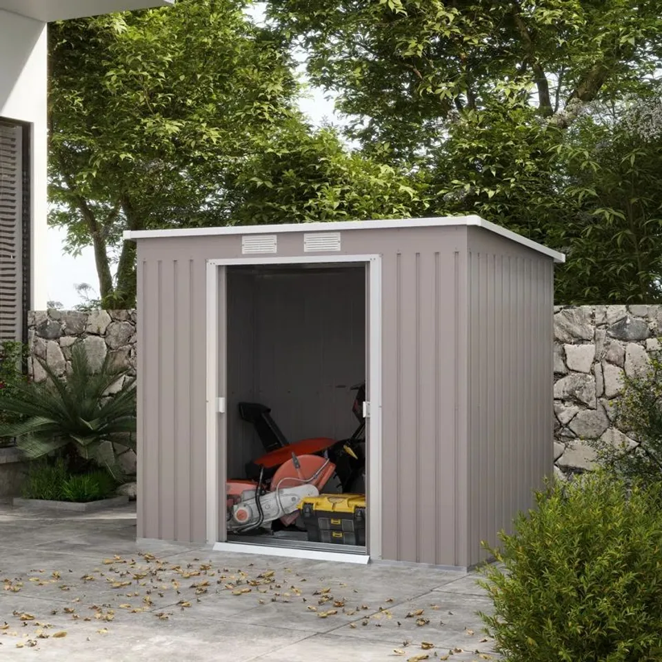 BOXED BRAYDAN 7FT W X 4FT D GALVANISED STEEL PENT GARDEN SHED (2 BOXES)