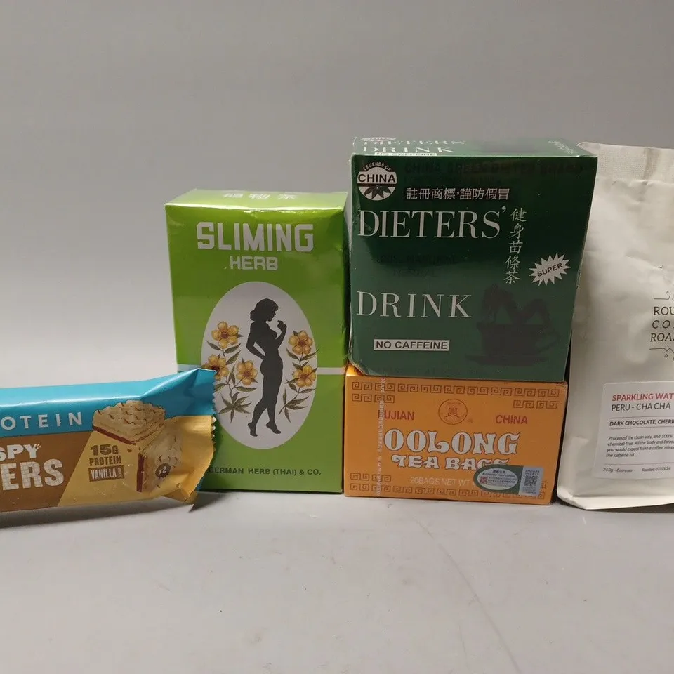 BOX OF APPROX 8 ASSORTED FOOD ITEMS TO INCLUDE - SLIMING HERB - MY PROTEIN CRISPY WAFERS - ROUNTON COFFEE ROASTERS ECT