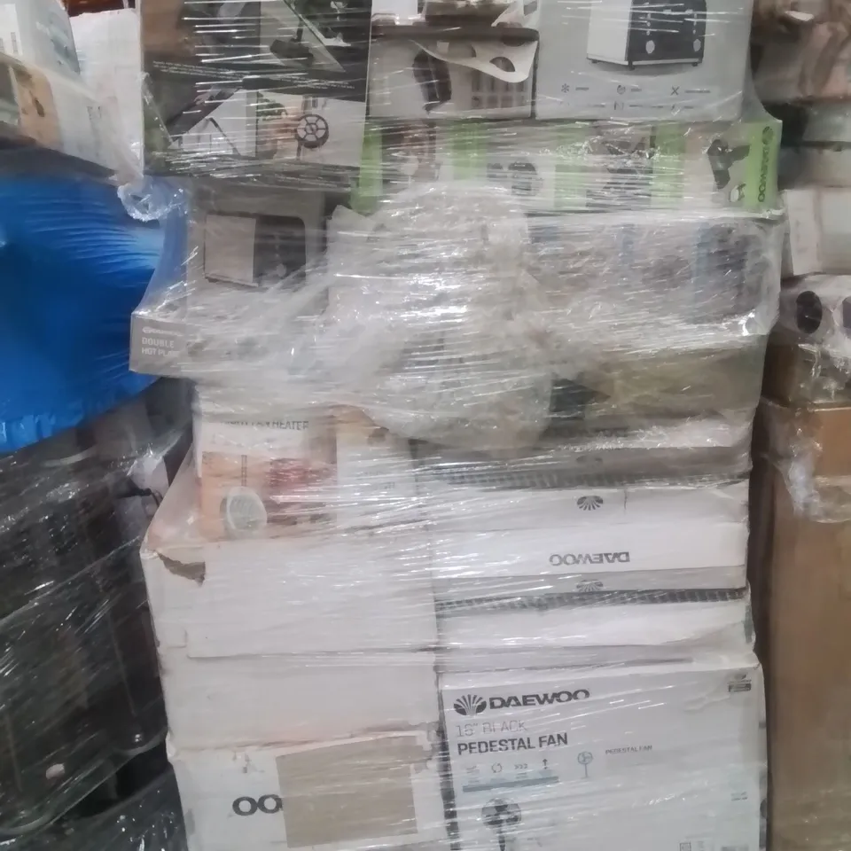 PALLET CONTAINING VARIOUS ELECTRICAL ITEMS AND HOUSEHOLD PRODUCTS TO INCLUDE:700W CYCLONIC VACUUM,STAINLESS STEEL 4 SLICE TOASTER,16"PEDESTAL FAN