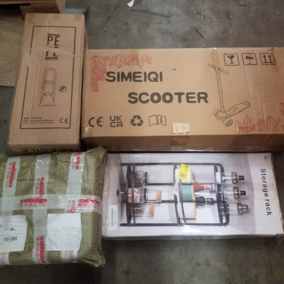 PALLET CONTAINING ASSORTED PRODUCTS INCLUDING KIDS SCOOTER, STORAGE RACK, POND PLANTER  & BATHTUB GRAB RAIL