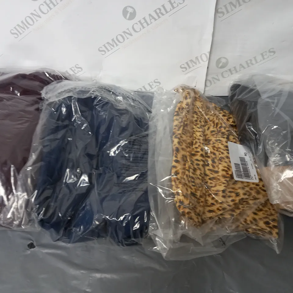 BOX OF ASSORTED CLOTHING ITEMS TOO INCLUDE TOPS , JUMPERS, AND PANTS ETC. 